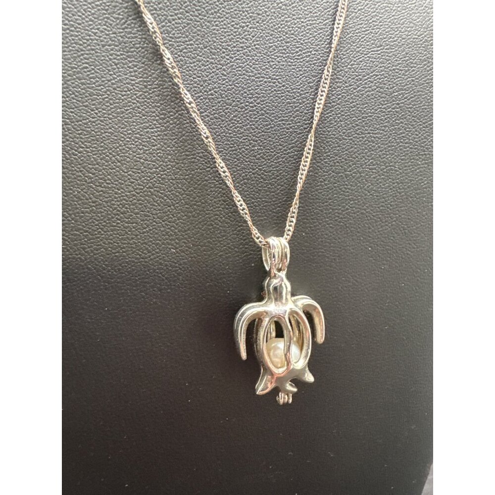 Silver Turtle Pendant Necklace W/ 18K GP Chain & Pearl Accent